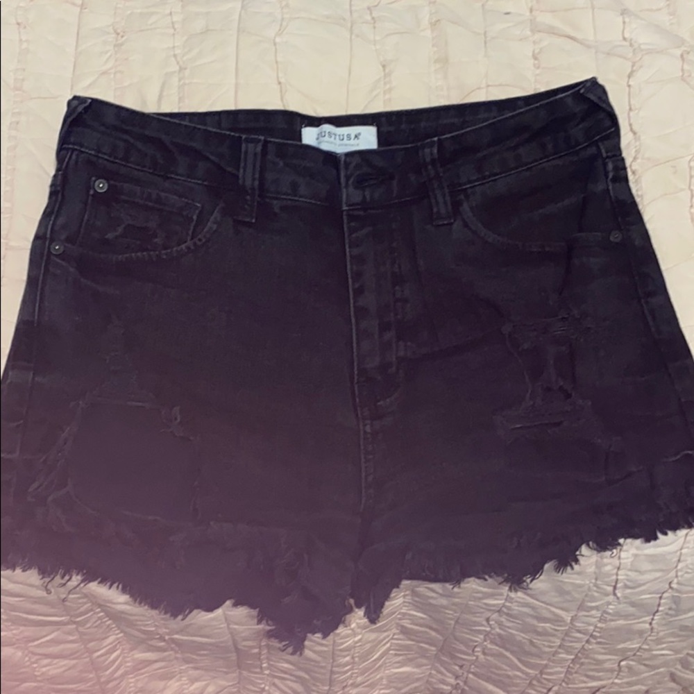 Black denim high waisted frayed shorts
